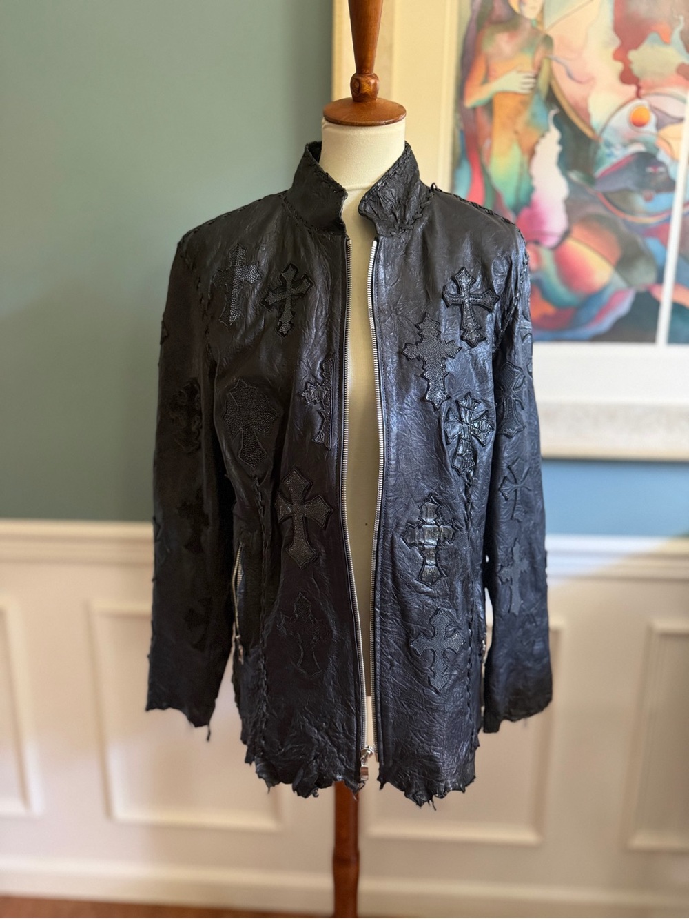Eleven 11 Handmade Black Leather Cross Patch jacket
